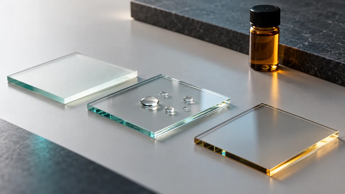 Editorial view of transparent and matte glass coupons with a resin sample